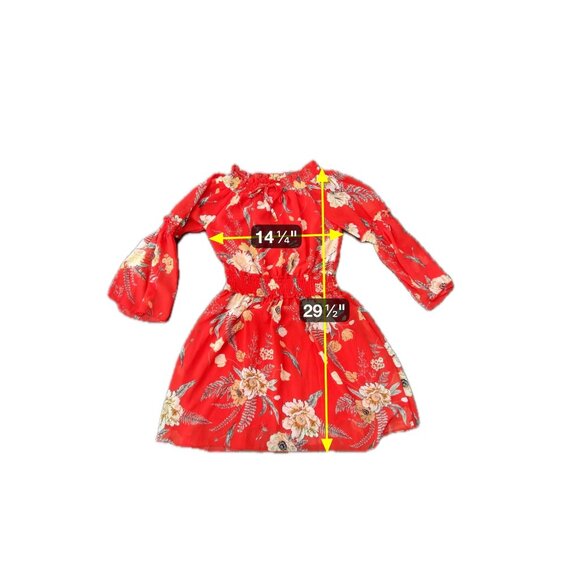 Red Floral Off Shoulder Dress With Smocked Waist Sheer Sleeves Sz Medium - Picture 8 of 11